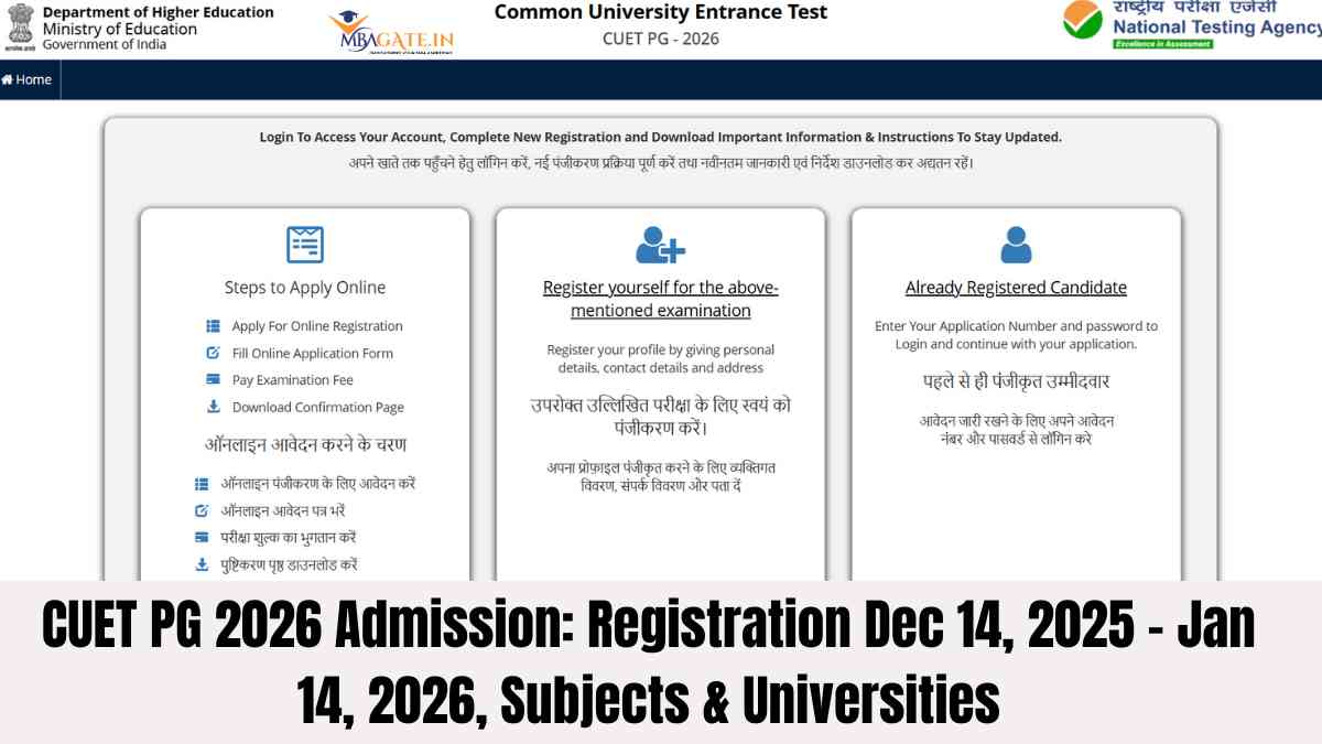 CUET PG 2026 Admission: Registration Dec 14, 2025 – Jan 14, 2026, Subjects & Universities