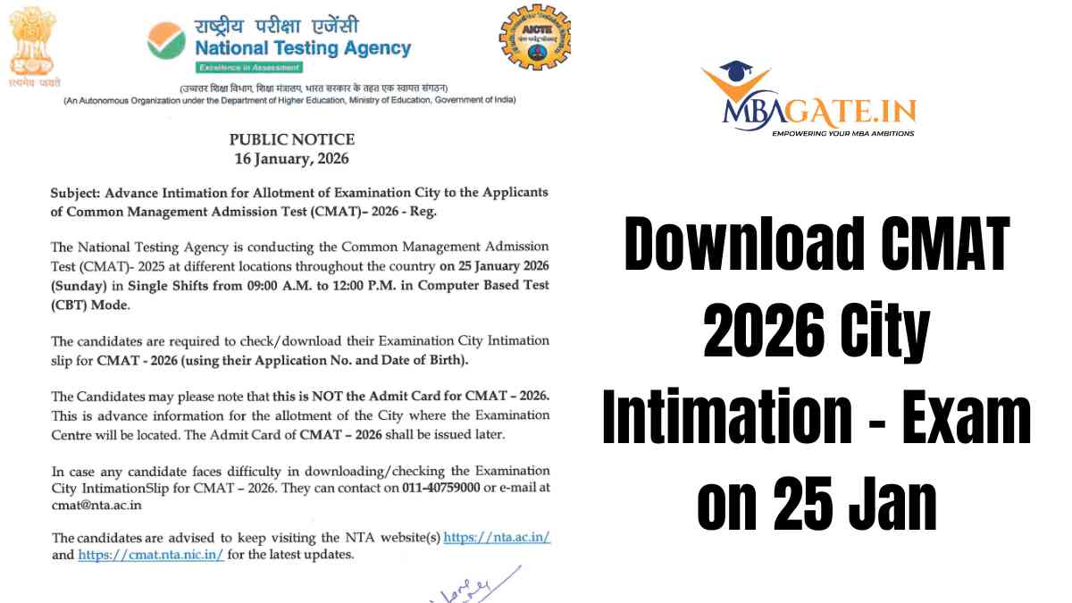 Download CMAT 2026 City Intimation – Exam on 25 Jan